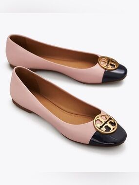 Tory Burch Chelsea Cap-Toe Logo Ballet Flats Shoes, Pink Peach & Black, Size 7.5
